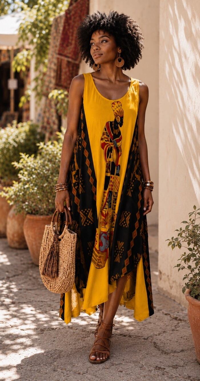 Seven Islands Rayon Swing Dress M Yellow Tribal Graphic Wearable Art Boho India